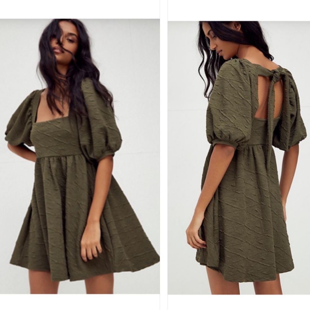 Free People Olive Green Textured Puff Sleeve Mini Dress - Picture 1 of 12